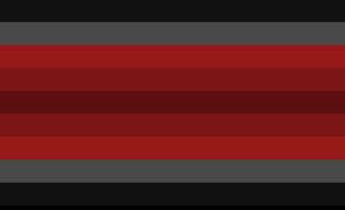 A image of a pride flag for Vampiregender the colors in order are black, grey, red, dark red, darkest red, dark red, red, grey, then black. (End alt text)