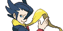 A still of Grimsley from Pokemon Black and White flipping a coin with a smug look on his face